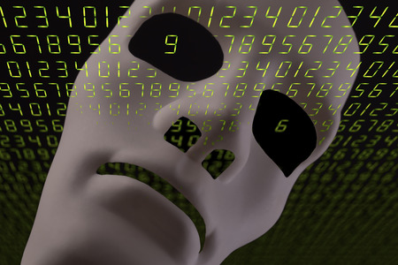 Artificial intelligence concept with robotic face mask and digital LED green numbers background.の写真素材