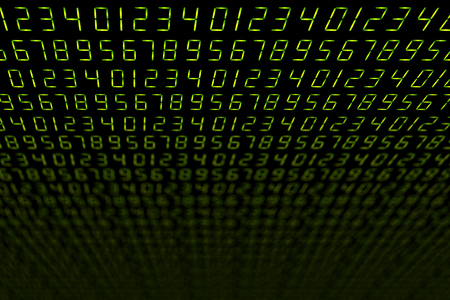 LED number font 0-9 slanted on black. Technology background. Green retro alarm clock digitsの写真素材