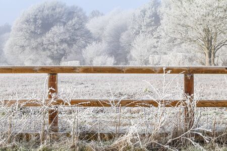 Beautiful rural winter snow scene with two bar wooden fence and snow covered treesの写真素材