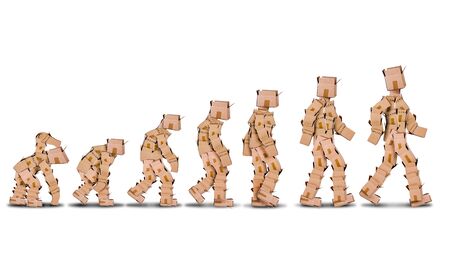 Packaging evolution made from cardboard box characters evolving from early boxes to modern day boxes. Conceptual graphic designの写真素材