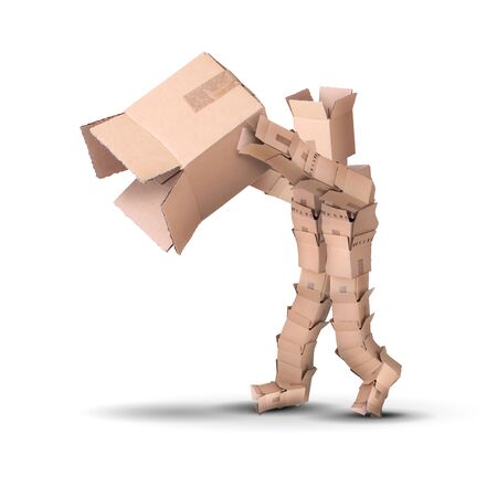 Thinking outside the box concept with a character made from boxes holding a large empty carton.の写真素材