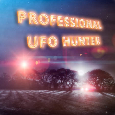 "Professional UFO Hunter" slogan with UFO lights and red approach beams and a car with headlights looking for aliens in a dark winters night field. Part of a series of fun UFO designs by Simon Bratt Photography. Nobody was reported abducted in the making of this scene. Social distancing was observed.の写真素材