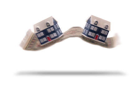 Moving home concept with magic flying carpet isolated on whiteの写真素材