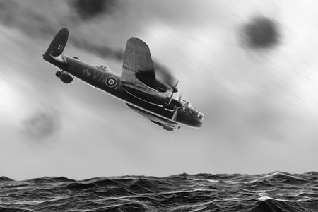 Lancaster bomber plane shot down and crashing into to seaのeditorial素材