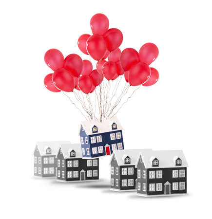 Moving house concept showing one home in a row of houses lifting up with red ballons. Isolated on a white background with copy spaceの写真素材