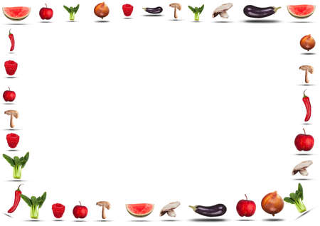 Fresh natural fruit and vegetables food border isolated on a white background. Apple, pak choi, aubergine, mushrooms, raspberry, chilli, watermolon, onionの写真素材