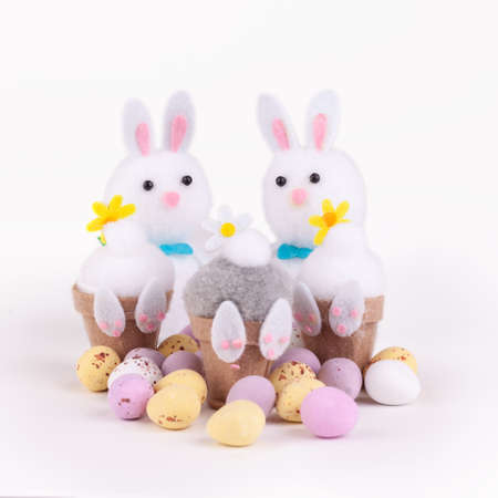 Easter bunnies with little candy chocolate easter eggs isolated on a white backgroundの写真素材