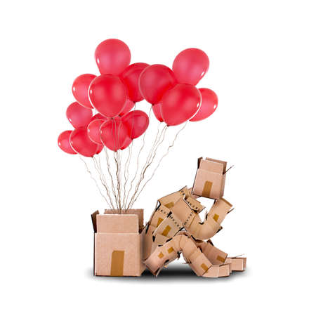 Box character sitting next to an open box with red balloons floating out of it. Thinking out of the box isolated on white backgroundの写真素材