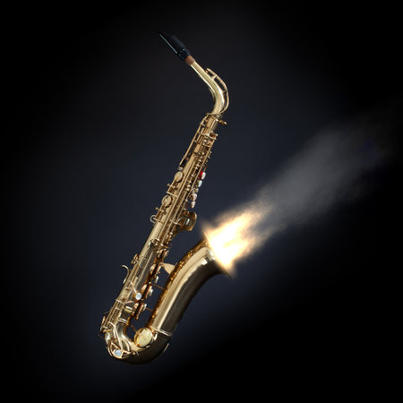 Saxophone on black background with fire and smopke blasting from the bell. Powerful blues music conceptの写真素材