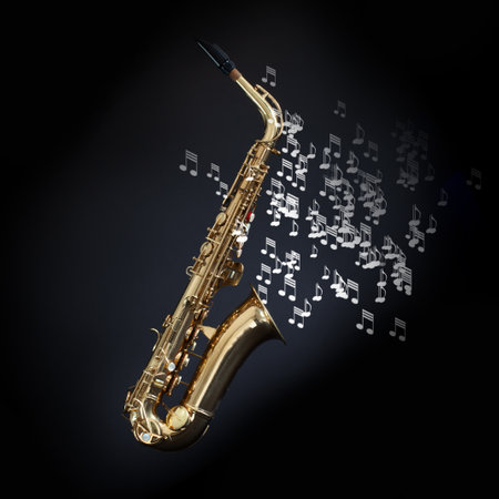 Saxophone on black background with musical notes flying out the bell. Visual representation of brass musicの写真素材