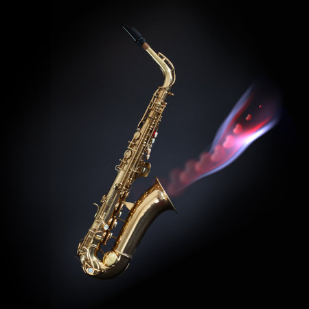 Saxophone on black background with love hearts coming out of the bell. Love jazz music conceptの写真素材