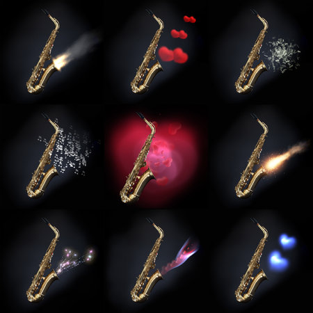 Nine saxophones with concept artwork depicting different music types from jazz to romantic to powerful and bluesの写真素材