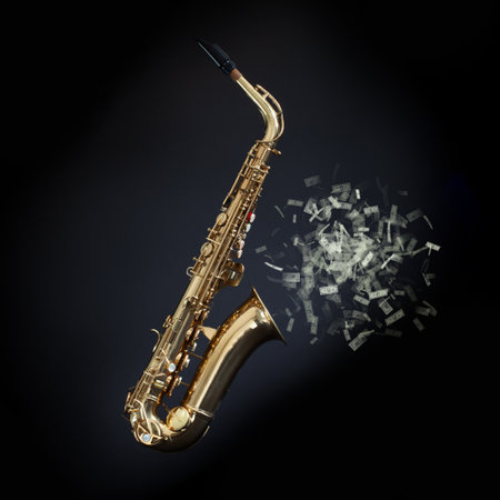 saxophone with money coming out of the bell. Making money with music conceptの写真素材