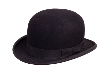 Black bowler hat angled view isolated on white backgroundの写真素材