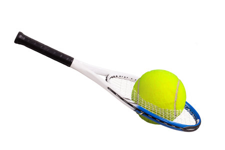 Giant tennis ball going through the strings of a tennis racquet isolated on as white backgroundの写真素材