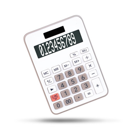White calculator with numbers isolated on white background with no displayの写真素材