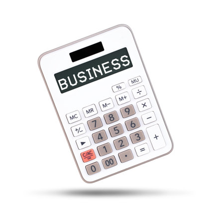 White business calculator isolated on white background with no displayの写真素材