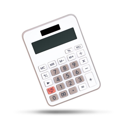 White calculator isolated on white background with no displayの写真素材