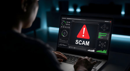 Man using a laptop with scam alert concept on screen. 3D rendering.