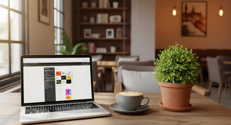 Laptop with website on screen, coffee cup and plant on wooden table