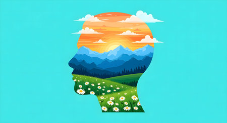 Vector illustration of human head surrounded by nature landscape with sun and cloudsの写真素材