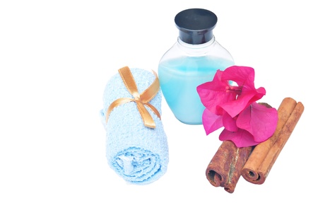 Shower and towel isolated on whiteの写真素材
