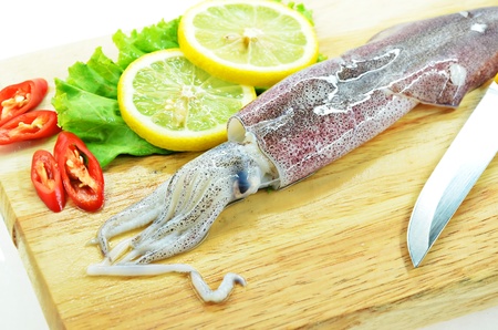 Fresh raw calamari and knife on chopping boardの写真素材