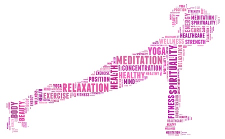 Yoga and health info text cloud collage with shape of a girl doing yoga meditation pose の写真素材