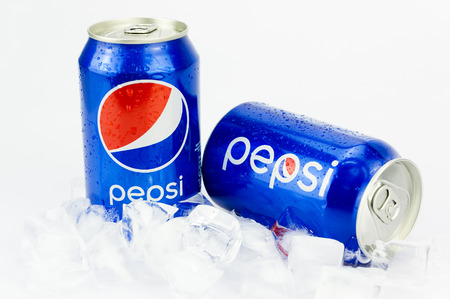 PUTRAJAYA, MALAYSIA - MAC 26, 2016. Two Pepsi Cans with ice Isolated On White. Pepsi is one of most popular soft drink among teenagers.のeditorial素材