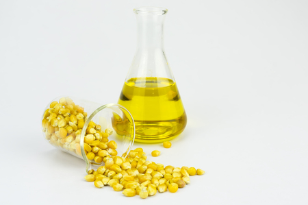Corn generated ethanol bio-fuel with test tubes on white background-Agriculture conceptの写真素材