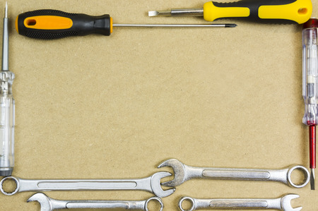 Arrangement of carpentry and set of hand tools. Frame composition with copy space top view.