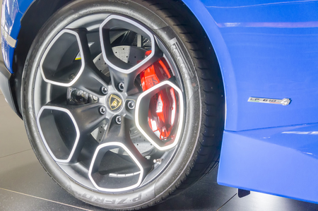 KUALA LUMPUR, MALAYSIA - SEPT 10, 2017 : Rims, Tire and Brakes from Lamborghini Huracan LP610-4 2017 car model prizes for the winners of the competition at KLIA Malaysia.のeditorial素材