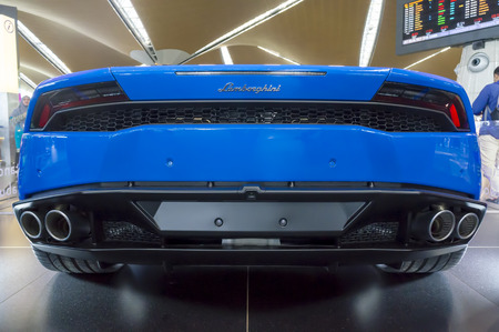 KUALA LUMPUR, MALAYSIA - SEPT 10, 2017 : Rear view of Lamborghini Huracan LP610-4 2017 car model prizes for the winners of the competition at KLIA Malaysia.のeditorial素材