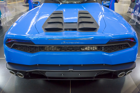 KUALA LUMPUR, MALAYSIA - SEPT 10, 2017 : Rear view of Lamborghini Huracan LP610-4 2017 car model prizes for the winners of the competition at KLIA Malaysia.のeditorial素材