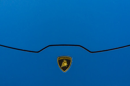 KUALA LUMPUR, MALAYSIA - SEPT 10, 2017 : The Lamborghini logo. Lamborghini Huracan LP610-4 2017 car model prizes for the winners of the competition at KLIA Malaysia.のeditorial素材