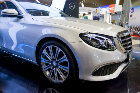 KUALA LUMPUR, MALAYSIA - SEPT 10, 2017 : Front view of Mercedes Benz E 250 Exclusive Line show at...