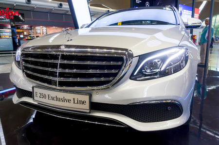 KUALA LUMPUR, MALAYSIA - SEPT 10, 2017 : Front view of Mercedes Benz E 250 Exclusive Line show at KLIA Kuala Lumpur.のeditorial素材