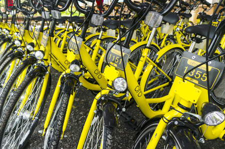 KUALA LUMPUR, MALAYSIA - September 9, 2017 : OFO bicycle close up. Founded in 2014 at China, OFO first in the world to introduce "non-docking" bike sharing platform operated by smartphone application.のeditorial素材