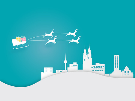 Merry Christmas and Happy New Year. Illustration of reindeer on the sky at town. Paper art and craft style.のイラスト素材
