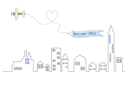 Welcomes 2018 concept. Illustration of town and airplane with banner.のイラスト素材