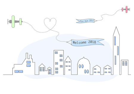 Illustration of town and airplane with new year banner.のイラスト素材
