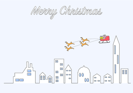 Christmas in city background with flying reindeers and gifts.のイラスト素材