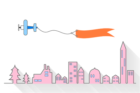 Advertising travel concept with plane, banner and city buildings.のイラスト素材