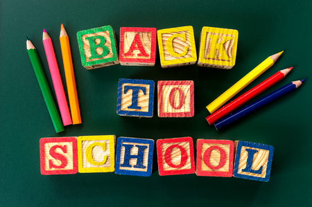 Back to school. Close up arrangement of "Back to School" alphabet on chalk board. Preschool, education and copy-space concept or other your content.の写真素材
