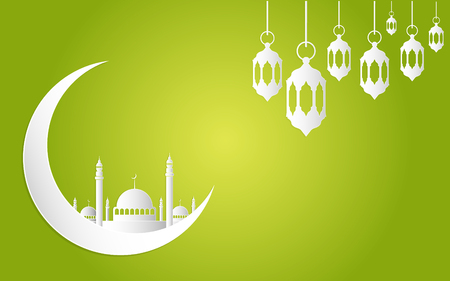 Ramadan Kareem and Eid Fitr concept. Illustration of mosque, moon and islamic geometry. Paper cut style.の写真素材