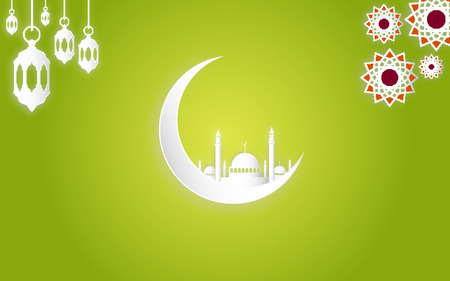 Ramadan Kareem and Eid Fitr concept. Illustration of mosque, moon and islamic geometry. Paper cut style.の写真素材