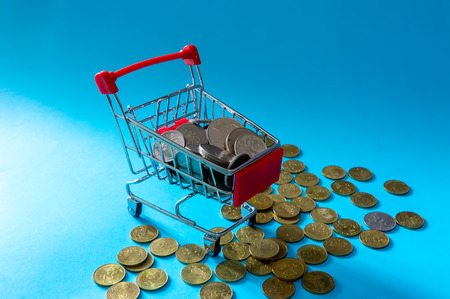 Shopping and e-commerce concept.Saving Money Concept. Shopping trolley or cart with coin.の写真素材