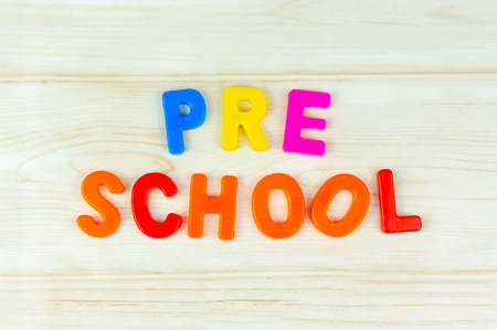 Alphabet letters with arrangement of Pre School wording. Pre School, back to school and kindergarten concept.の写真素材