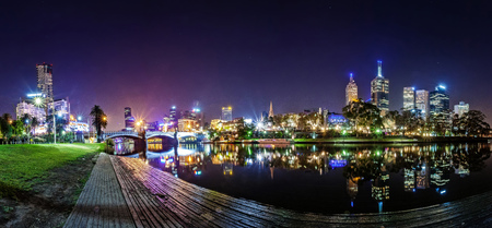 Panorama view of a beautiful view of docklands and The Princes Bridge with a cloudy sky and twilight...