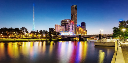 A beautiful view of Melbourne downtown across the Yarra river at night in Melbourne, Victoria, Australia.の写真素材